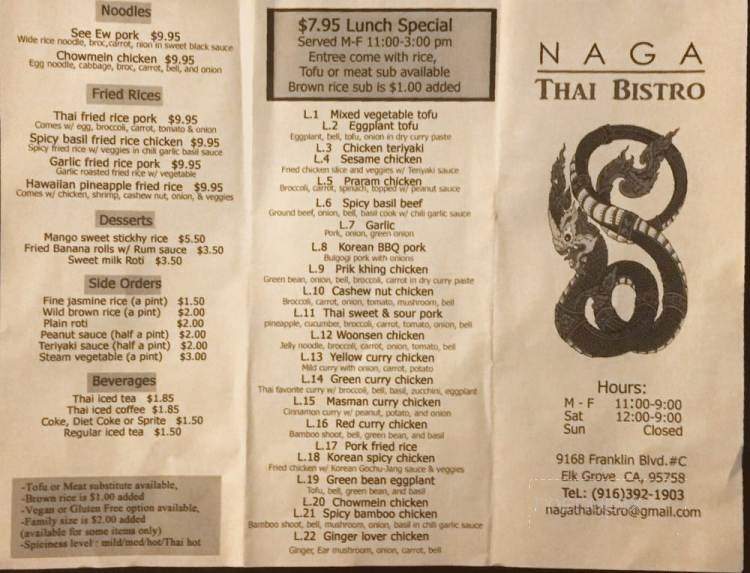 Naga Thai Bistro - Elk Grove, CA menu_pic