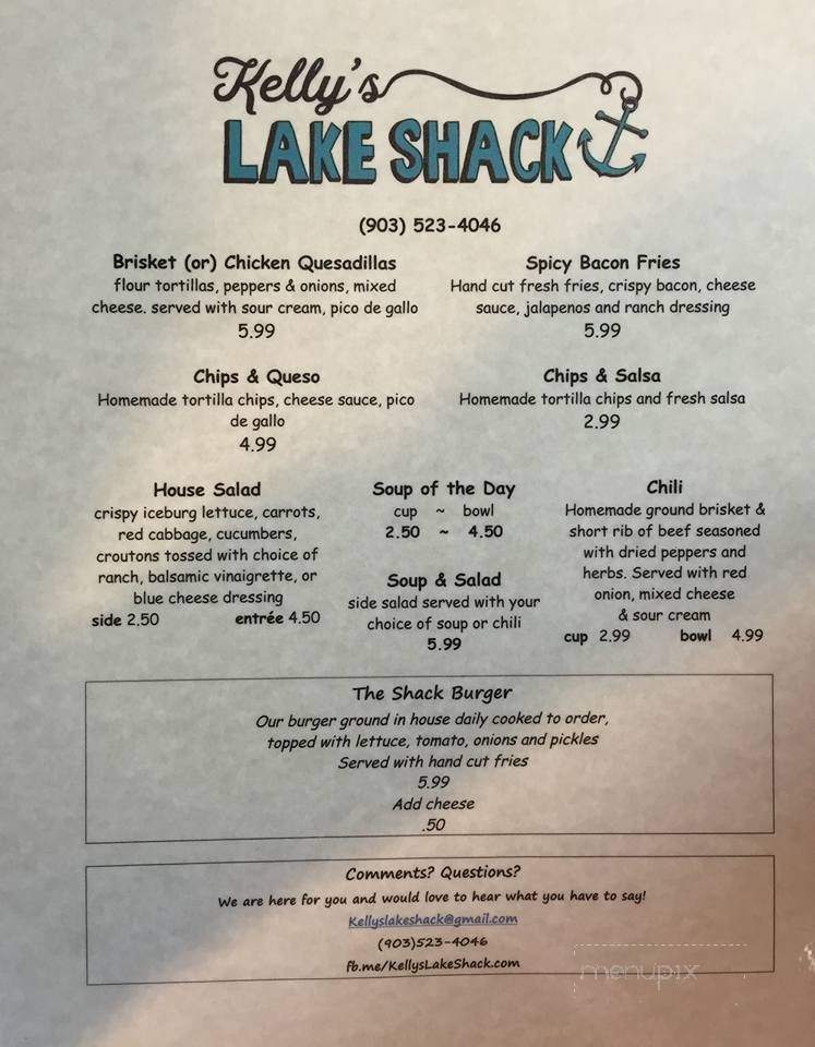 Kelly's Lake Shack - Gordonville, TX menu_pic