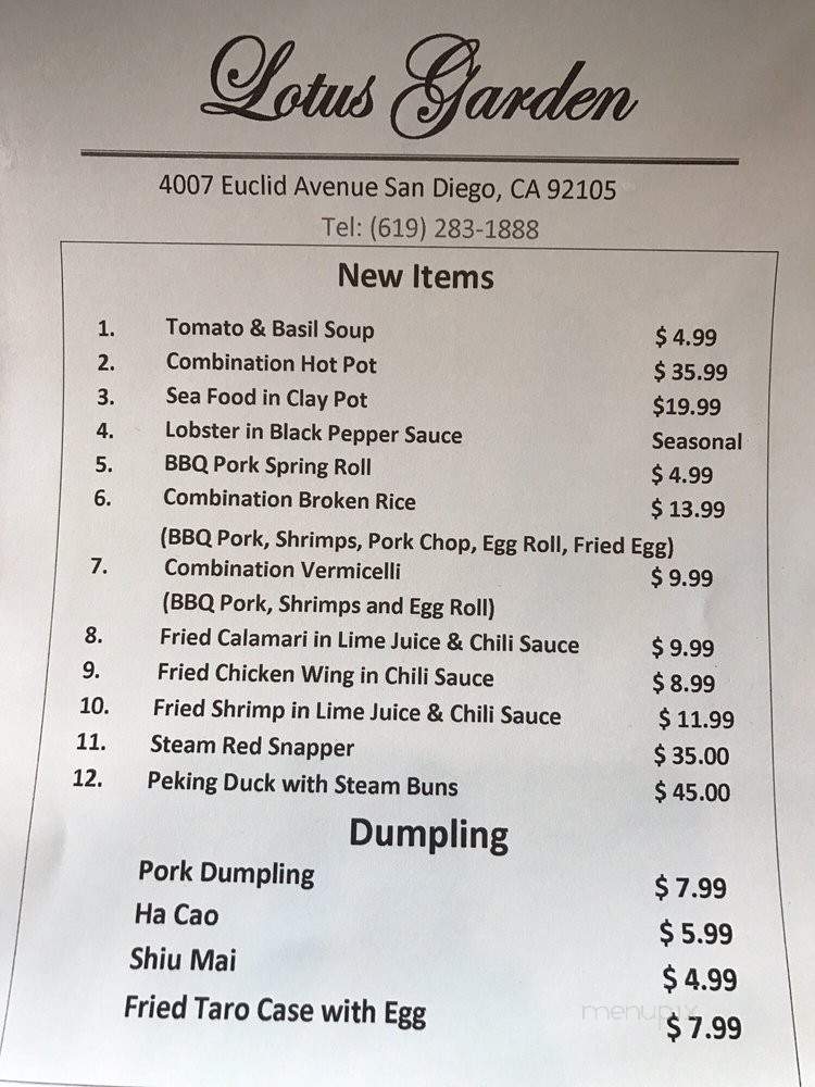 Lotus Garden Restaurant - San Diego, CA menu_pic