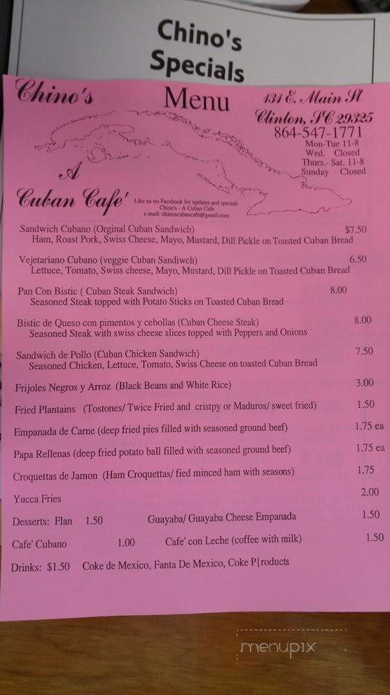Chino's Cuban Cafe - Clinton, SC menu_pic