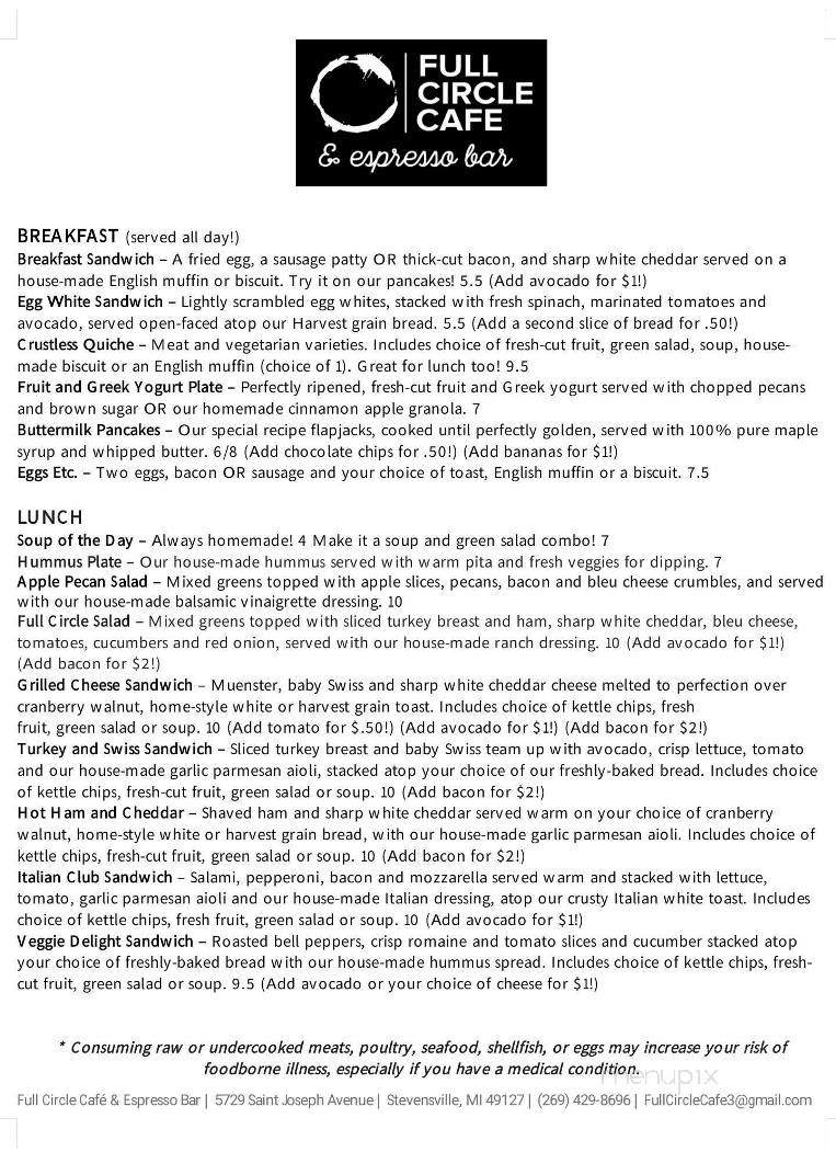 Full Circle Cafe & Espresso Bar - Stevensville, MI menu_pic