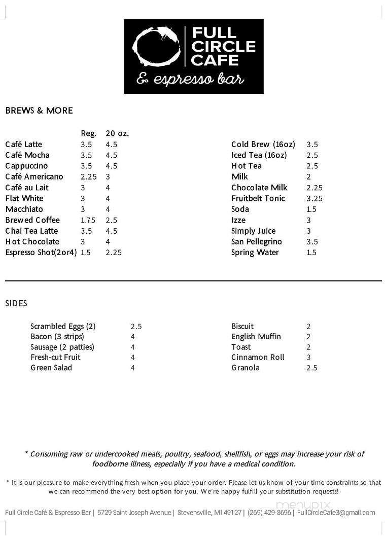 Full Circle Cafe & Espresso Bar - Stevensville, MI menu_pic