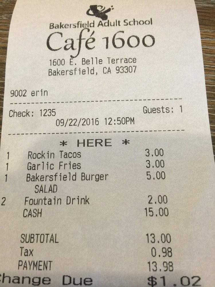 Cafe 1600 - Bakersfield, CA menu_pic