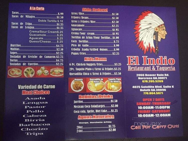 El Indio Restaurante & Taqueria - Duluth, GA menu_pic