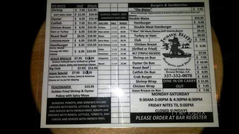 Jeaux Biff's - Breaux Bridge, LA menu_pic