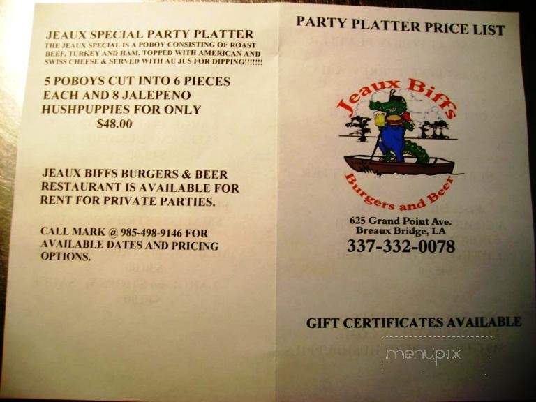 Jeaux Biff's - Breaux Bridge, LA menu_pic
