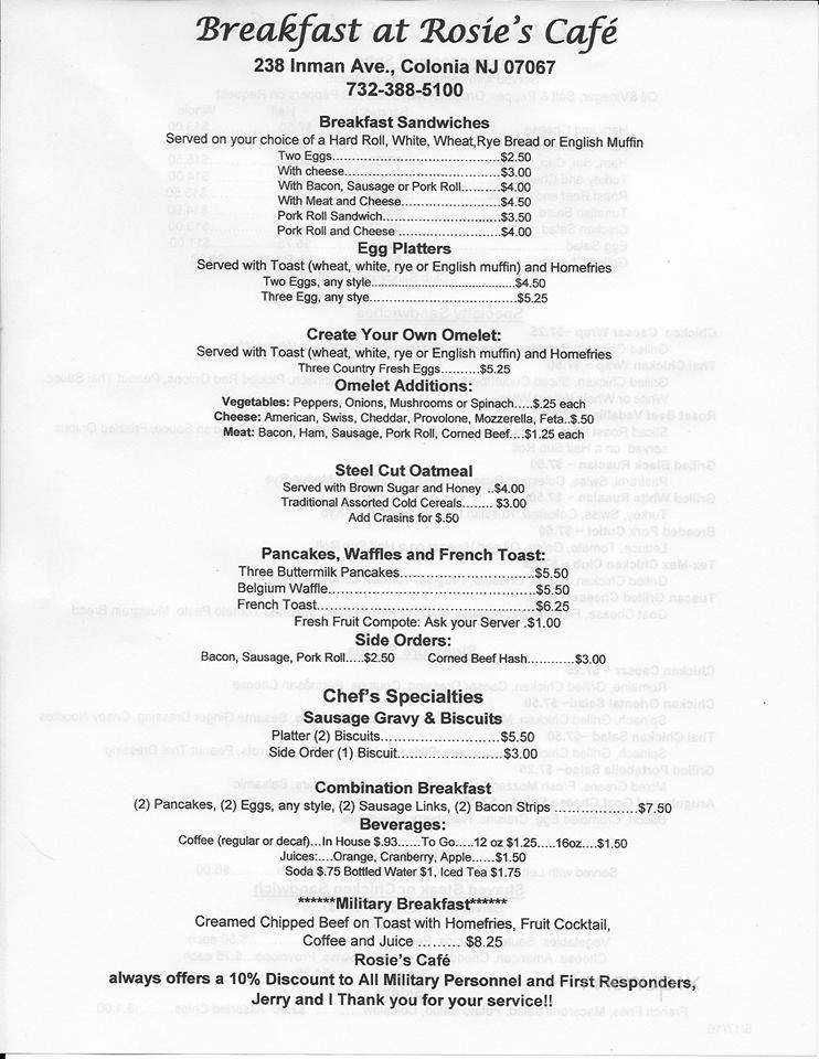 Rosie's Cafe - Woodbridge Township, NJ menu_pic