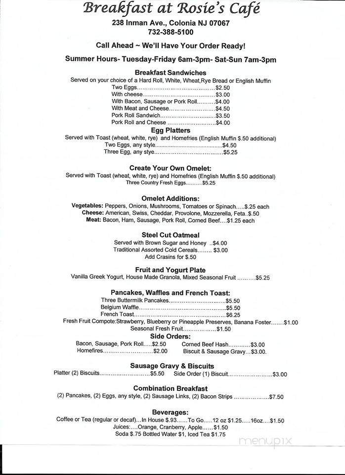 Rosie's Cafe - Woodbridge Township, NJ menu_pic