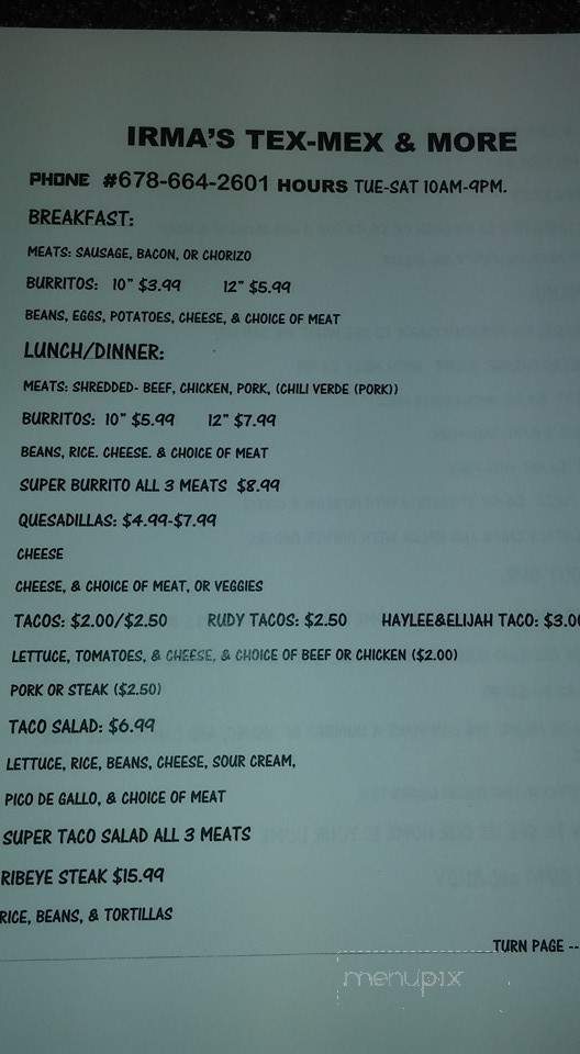 Irma's Tex Mex and More - Villa Rica, GA menu_pic