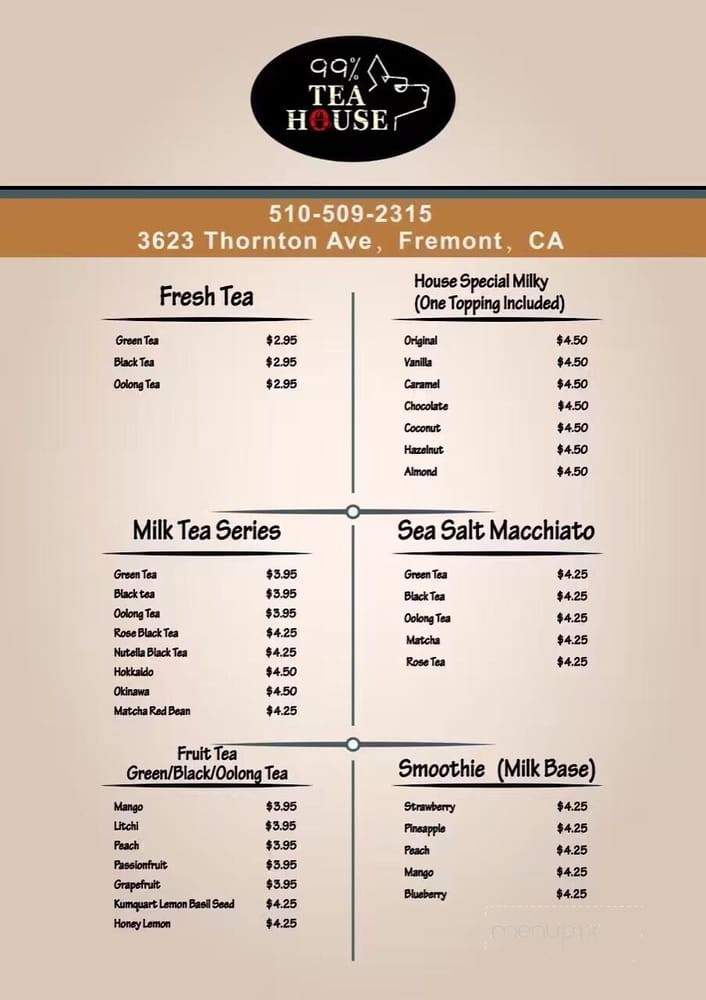 99% Tea House - Fremont, CA menu_pic