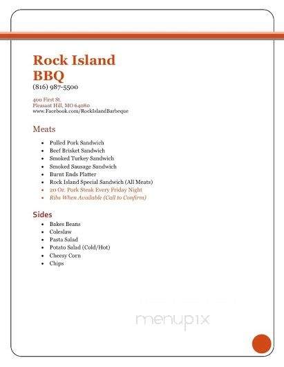 /29047847/Rock-Island-BBQ-Menu-Pleasant-Hill-MO - Pleasant Hill, MO