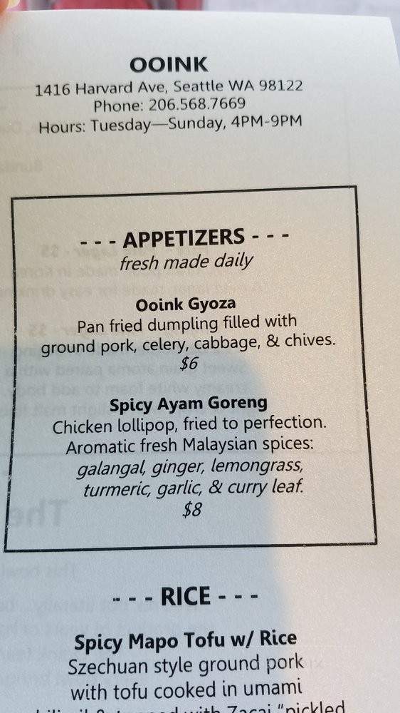 Ooink - Seattle, WA menu_pic
