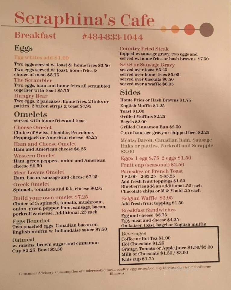 Seraphina's Cafe - Ottsville, PA menu_pic