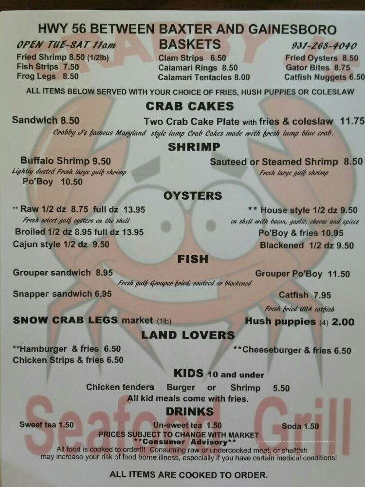 Crabby J's Seafood Grill - Gainesboro, TN menu_pic