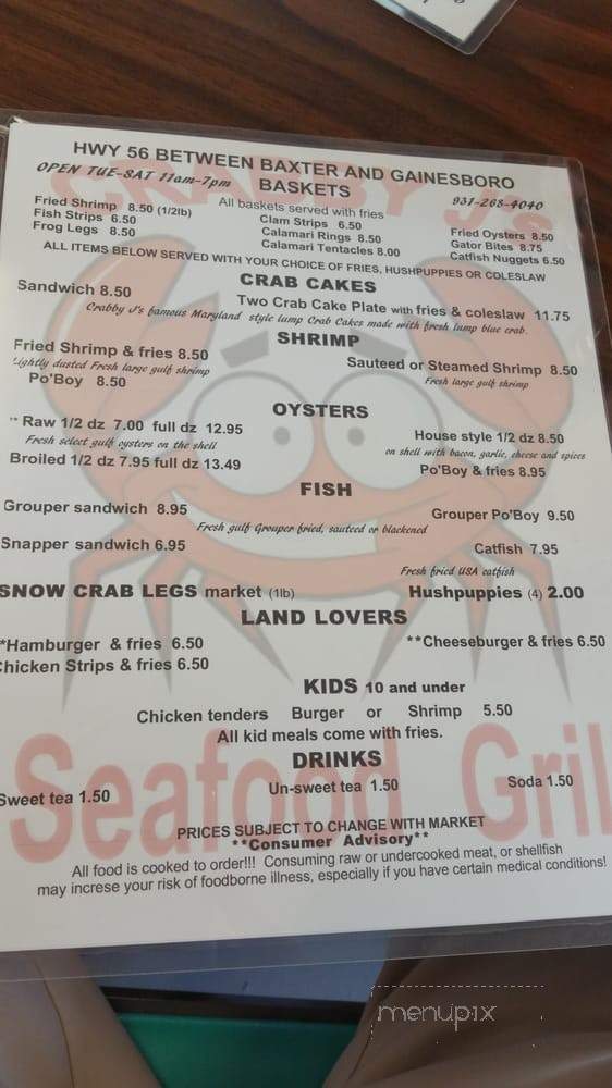 Crabby J's Seafood Grill - Gainesboro, TN menu_pic
