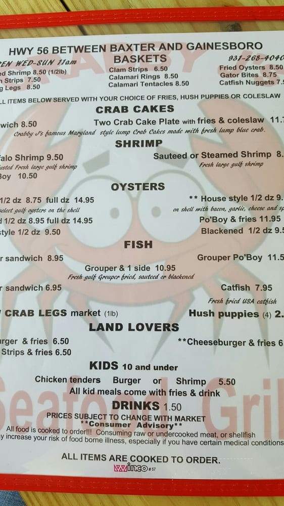 Crabby J's Seafood Grill - Gainesboro, TN menu_pic