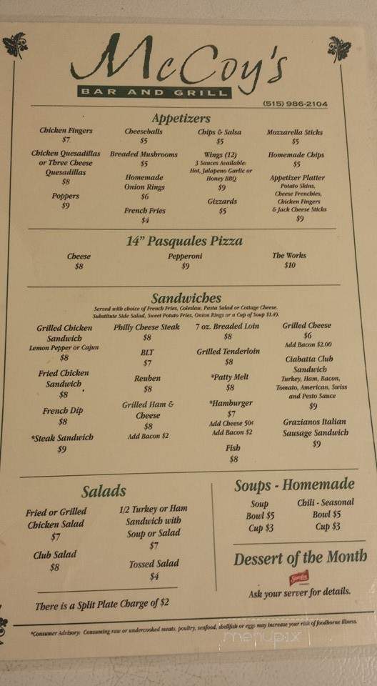 McCoys Bar & Grill - Grimes, IA menu_pic