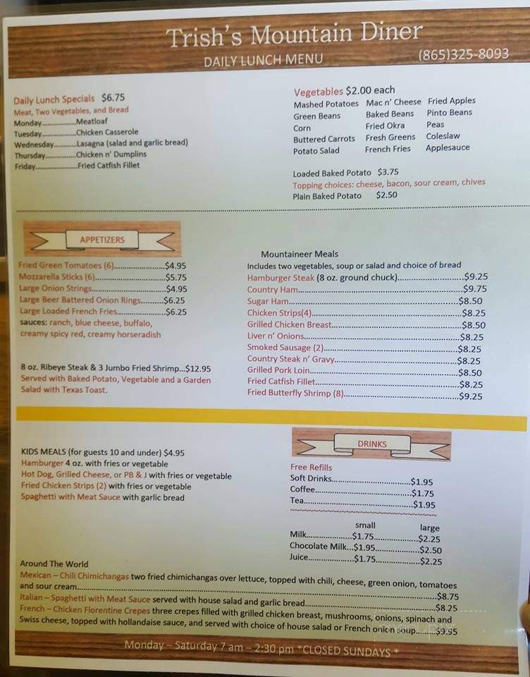 Trish's Mountain Diner - Gatlinburg, TN menu_pic