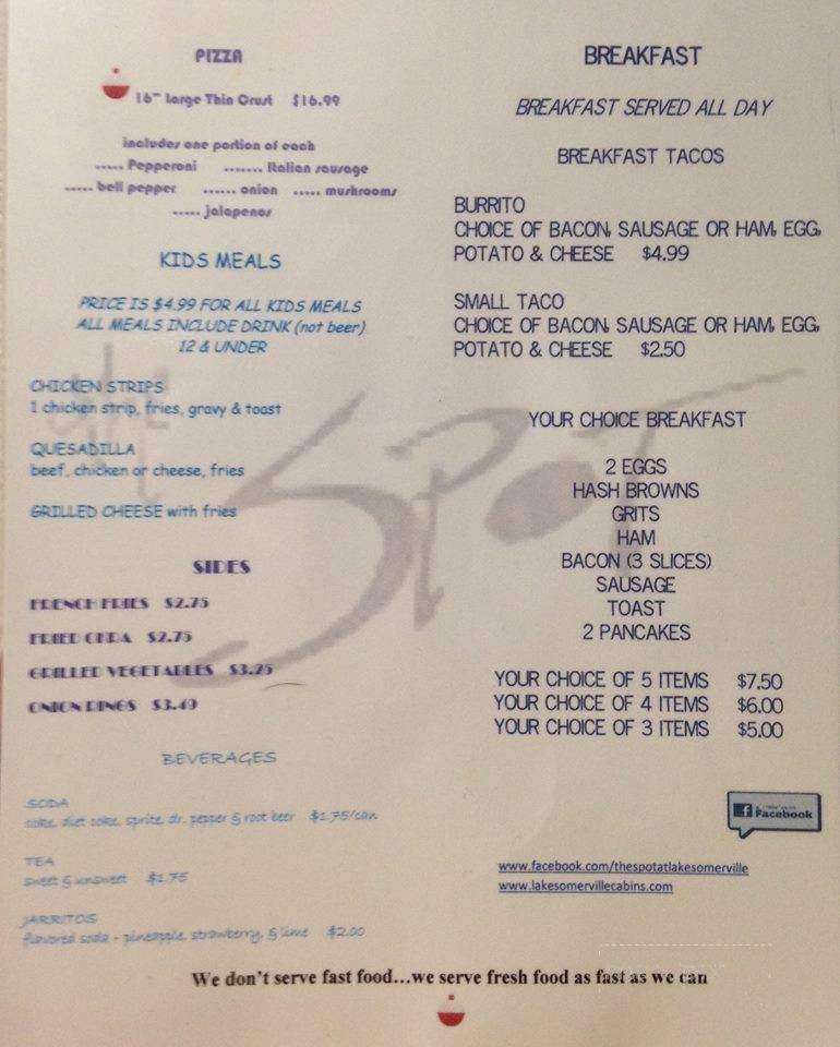 The Spot At Lake Somerville - Somerville, TX menu_pic