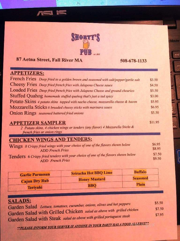 Shorty's Pub - Fall River, MA menu_pic