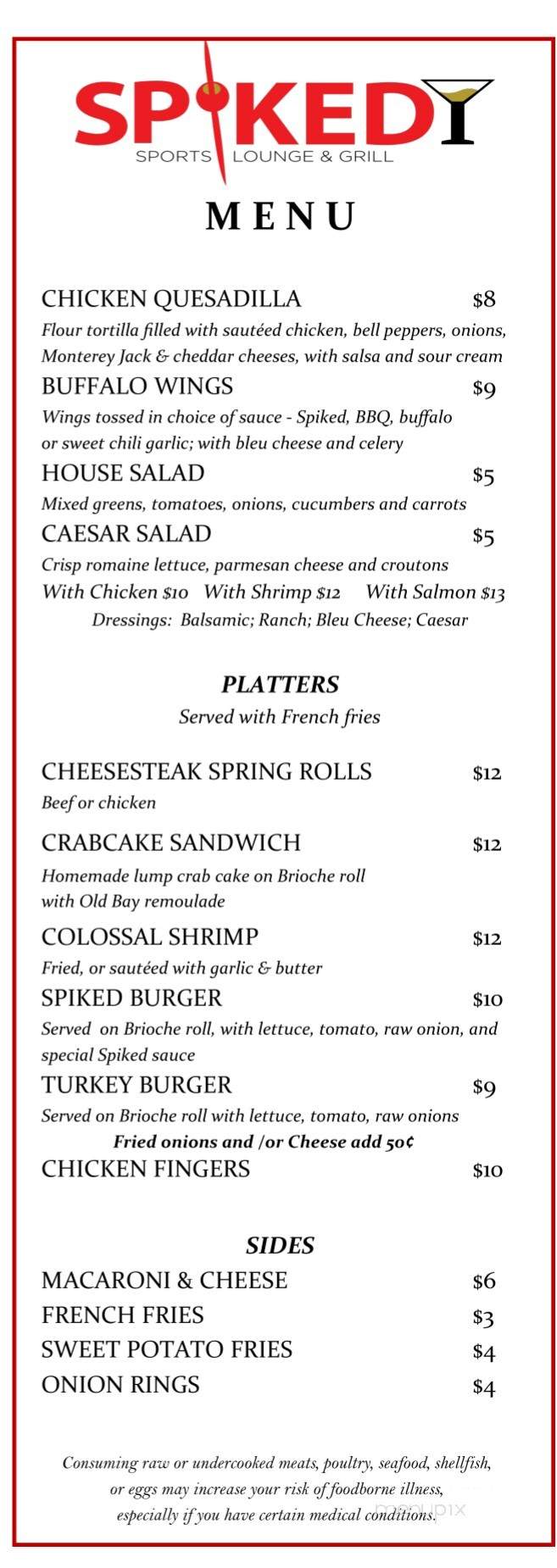 Spiked Sports Lounge and Grill - Philadelphia, PA menu_pic