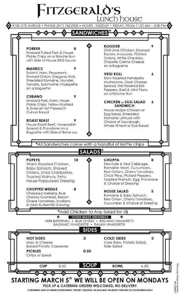Fitzgerald's Lunch House - Indianapolis, IN menu_pic