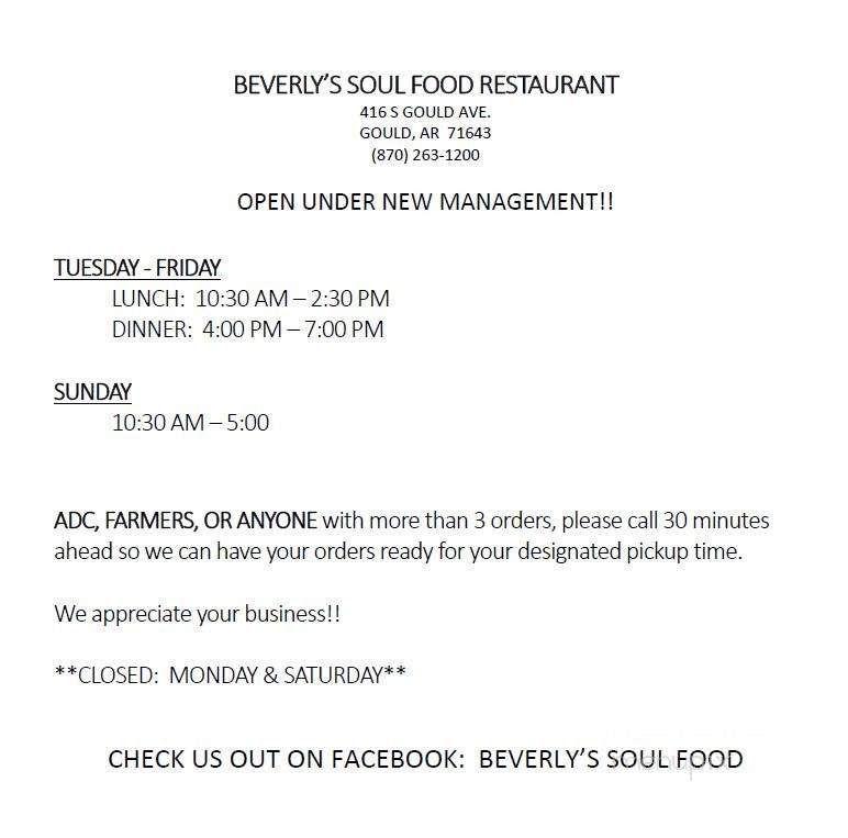 Beverly's Soul Food - Gould, AR menu_pic