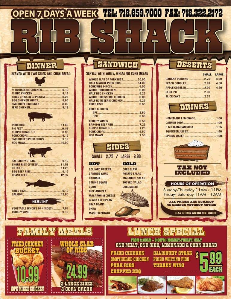 Menu of Rib Shack in Jamaica, NY 11434