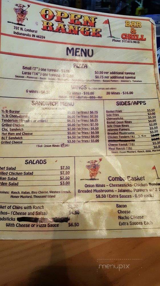 Open Range Bar & Grill - Indianapolis, IN menu_pic