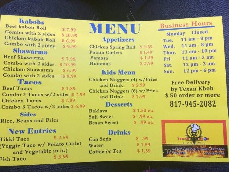 Texan Kbob - Fort Worth, TX menu_pic