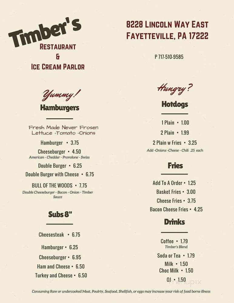 Timber's Restaurant and Ice Cream - Fayetteville, PA menu_pic