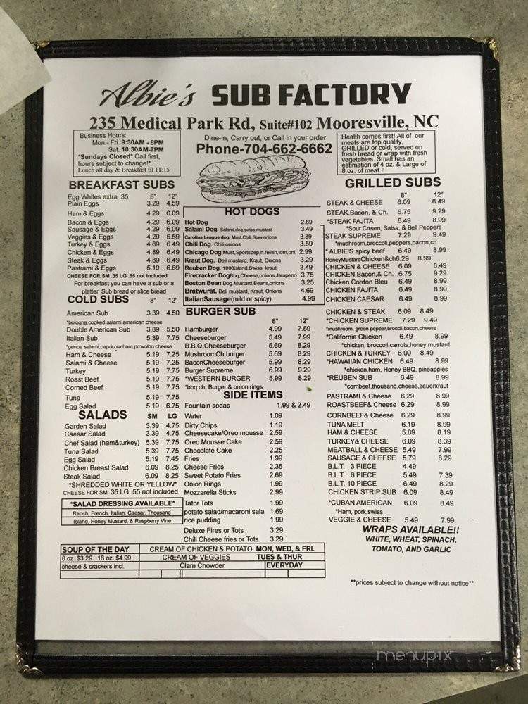 Albie's Sub Factory - Mooresville, NC menu_pic