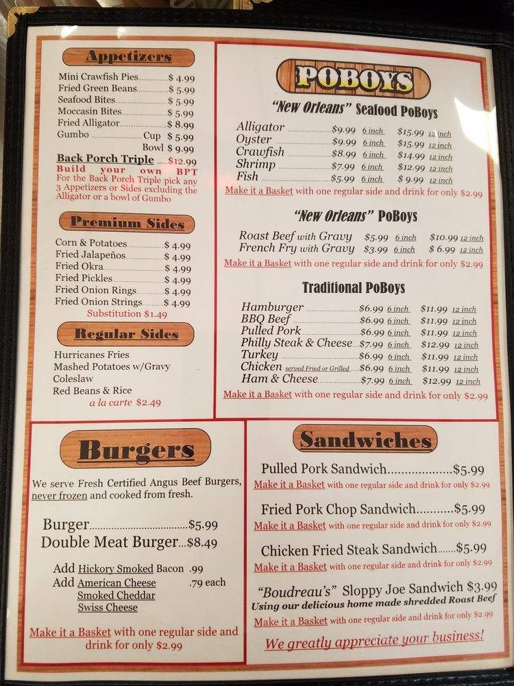 Sid's Back Porch - Marksville, LA menu_pic