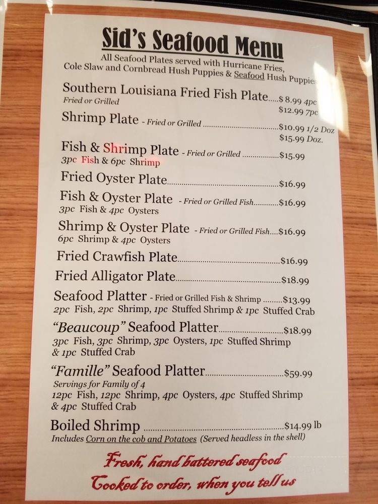 Sid's Back Porch - Marksville, LA menu_pic