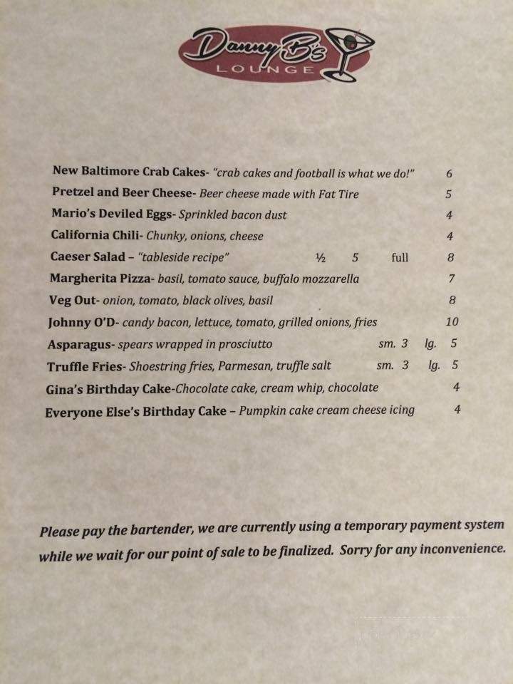 Danny B's Lounge - Harrison, OH menu_pic