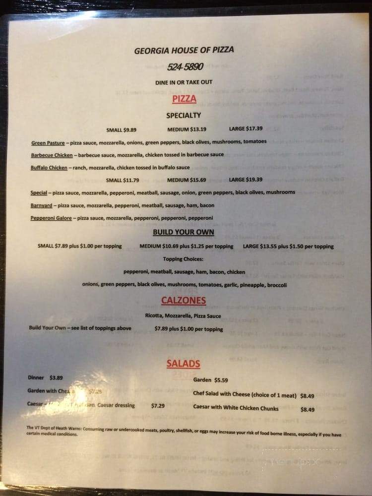 Georgia House of Pizza - Georgia, VT menu_pic