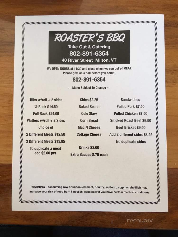 Roaster's BBQ - Milton, VT menu_pic