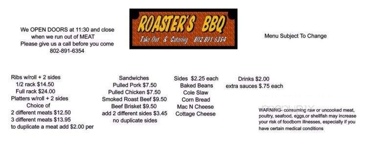Roaster's BBQ - Milton, VT menu_pic