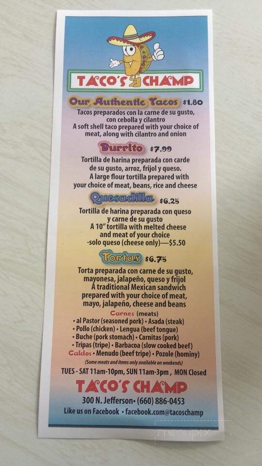 Tacos Champ - Marshall, MO menu_pic