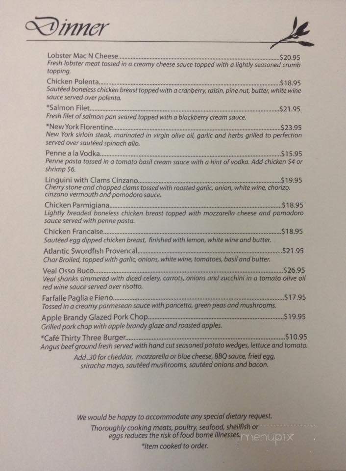 Cafe Thirty Three - Prospect, CT menu_pic