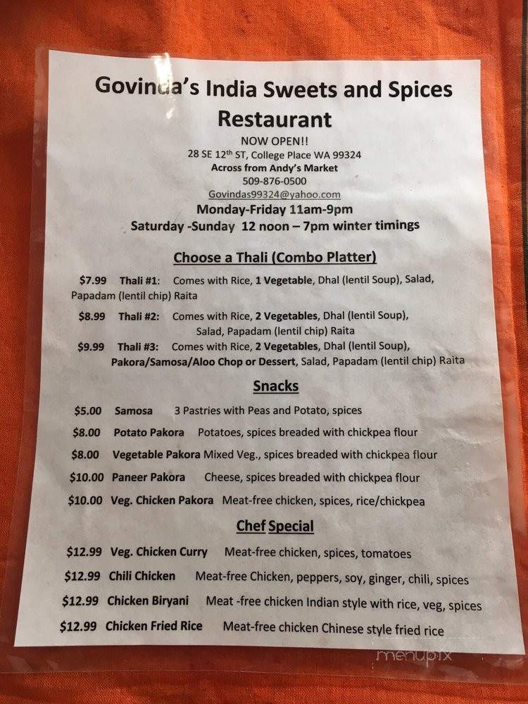 Govinda Sweet & Spicy - College Place, WA menu_pic
