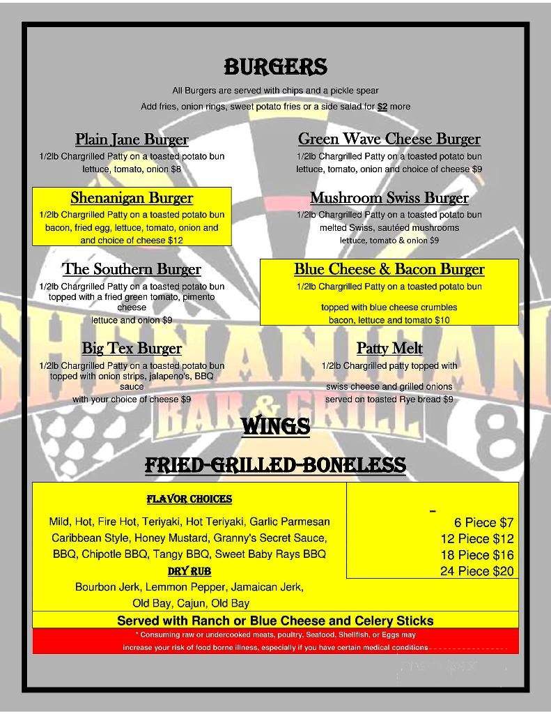 Shenanigan's - Summerville, SC menu_pic