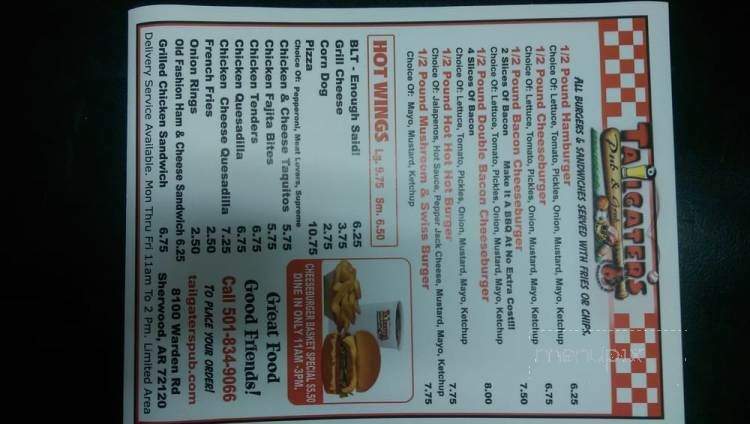 Tailgater's Pub And Grub - Sherwood, AR menu_pic