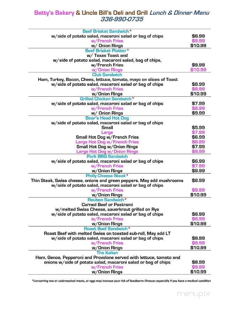 Betty's Bakery and Uncle Bills Deli and Grill - North Wilkesboro, NC menu_pic