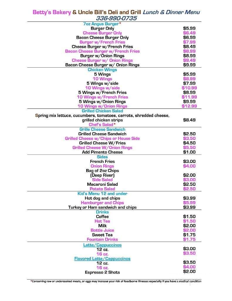 Betty's Bakery and Uncle Bills Deli and Grill - North Wilkesboro, NC menu_pic