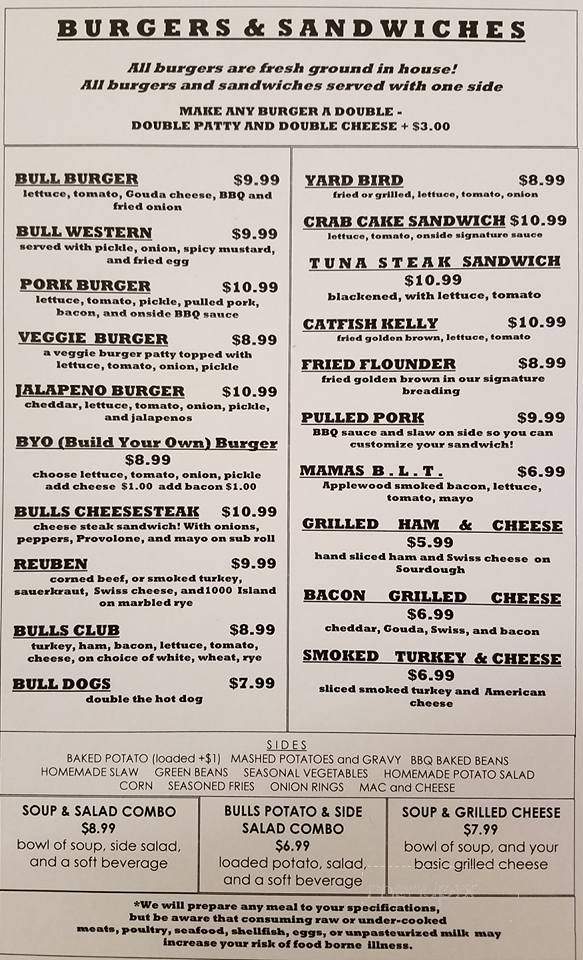 Bull Daddy's Restaurant, Bar, and Gameroom - Appomattox, VA menu_pic
