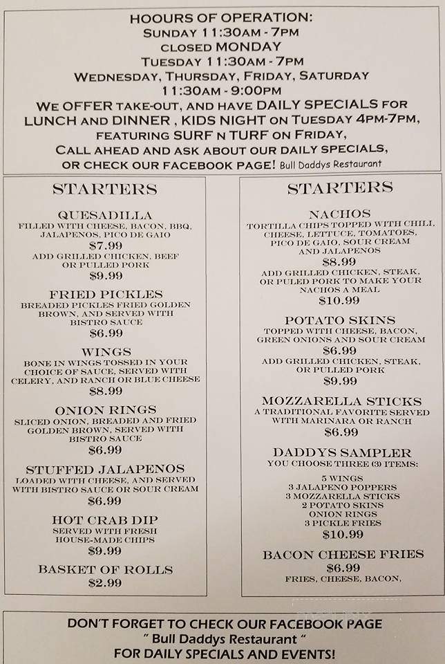 Bull Daddy's Restaurant, Bar, and Gameroom - Appomattox, VA menu_pic