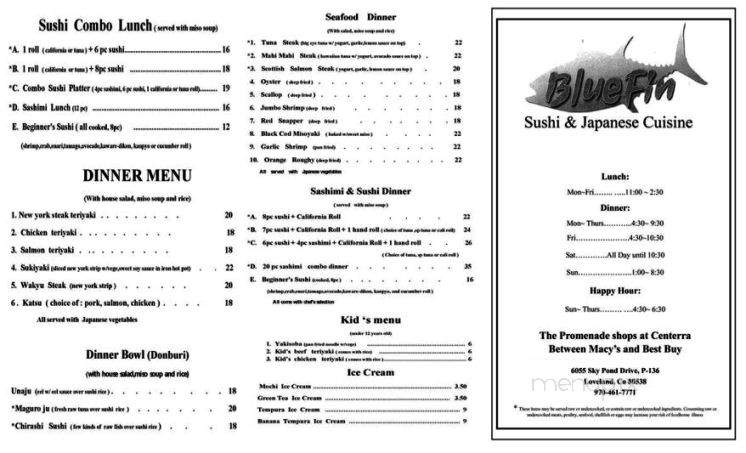 Blue Fin - Loveland, CO menu_pic