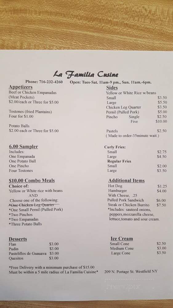 La Familia Cuisine - Westfield, NY menu_pic