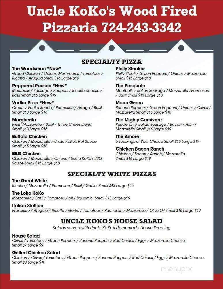 Uncle Koko's Wood Fired Pizzaria - Belle Vernon, PA menu_pic